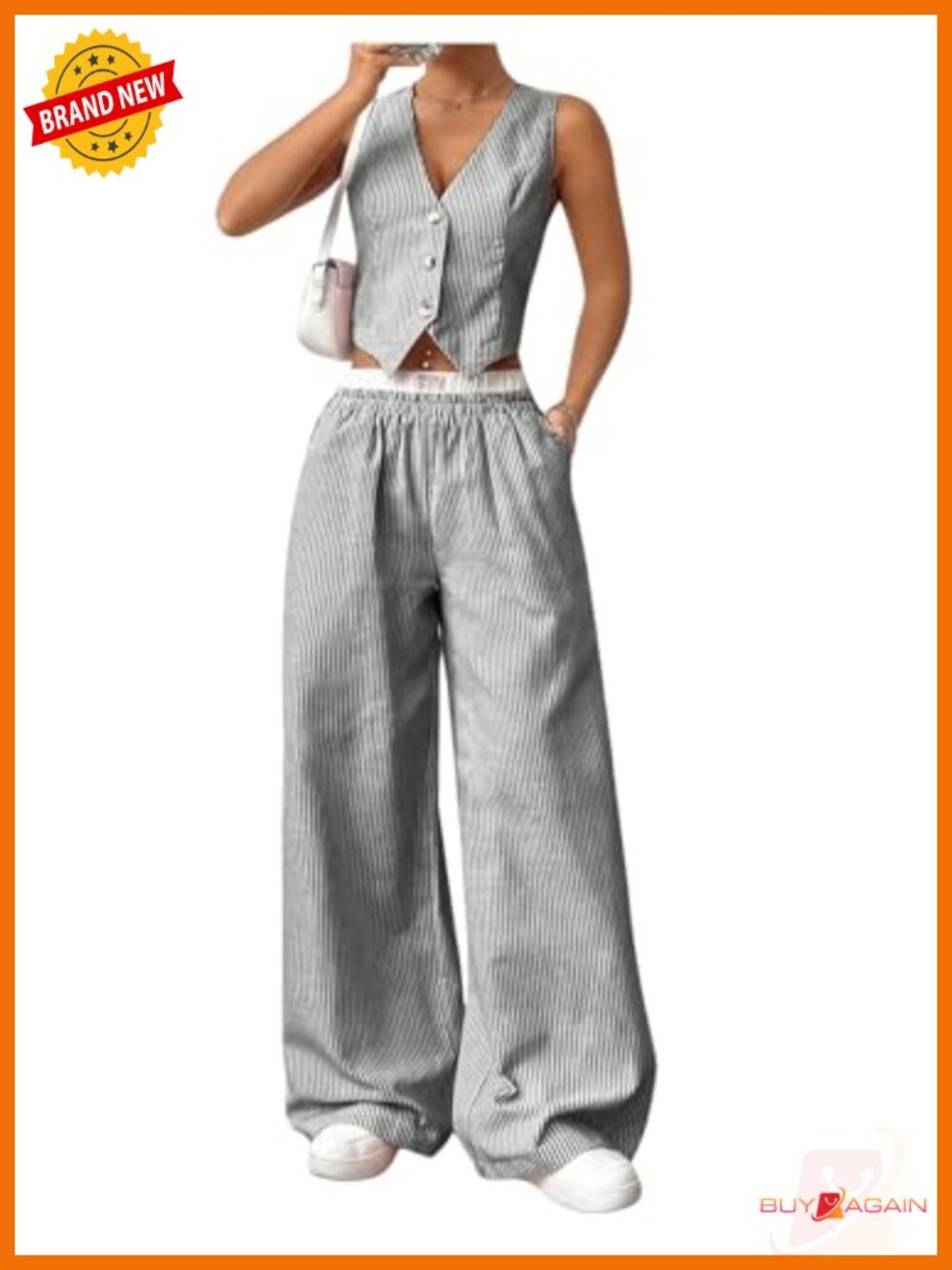 Striped V Neck Sleeveless Button Front Blazer Vest & Wide Leg Pants 2 Piece Set